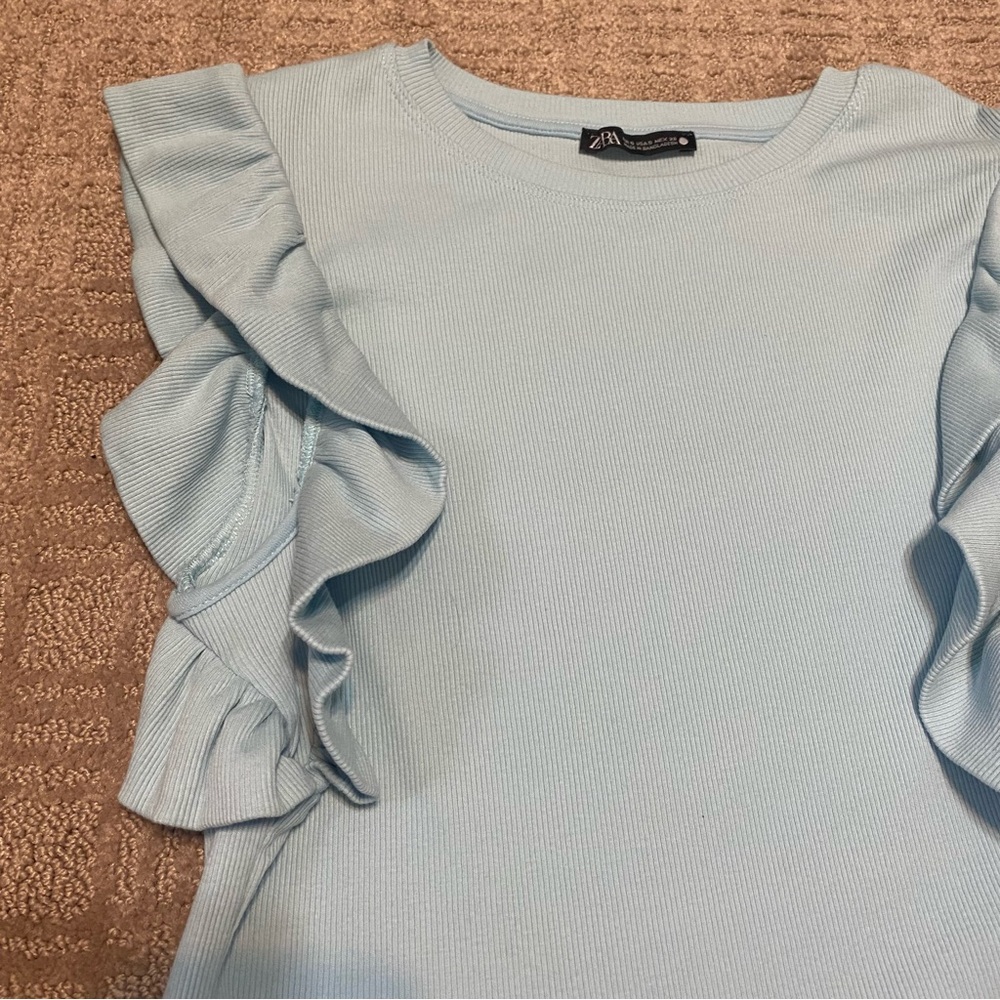 {Zara} Baby Blue Ribbed Sleeveless Crop Top | Ruffles ~ Size Small - Picture 3 of 16